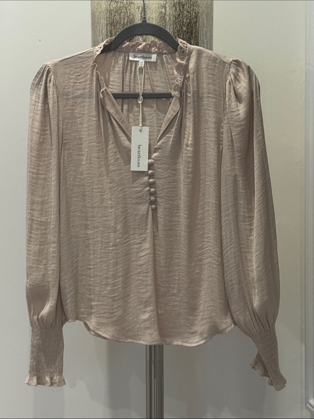 Heartloom Patricia in Stone Ruffle-Trim Button Front Blouse